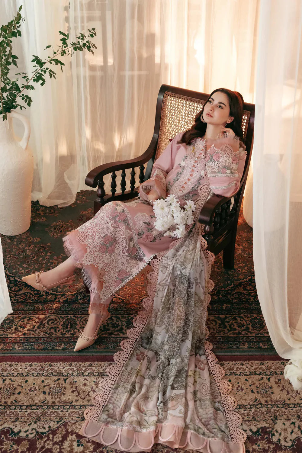 JADE-3PC DHANAK EMBROIDERED SHIRT WITH COUTRAI PRINTED SHAWL AND TROUSER