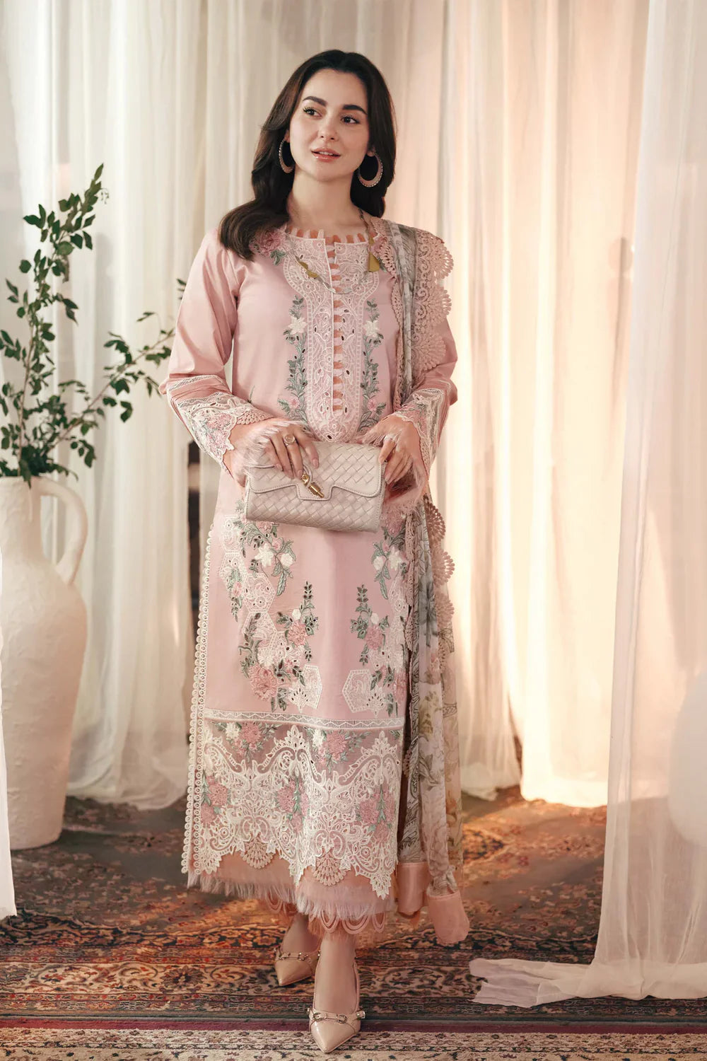 JADE-3PC DHANAK EMBROIDERED SHIRT WITH COUTRAI PRINTED SHAWL AND TROUSER